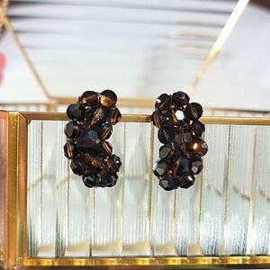 Amber Topaz Color Crystal Beaded Cluster Climber Clip On Vintage Earrings